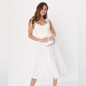 Lulus Darling Appearance White Lace Swiss Dot Tie-Strap Midi Dress - Size Small